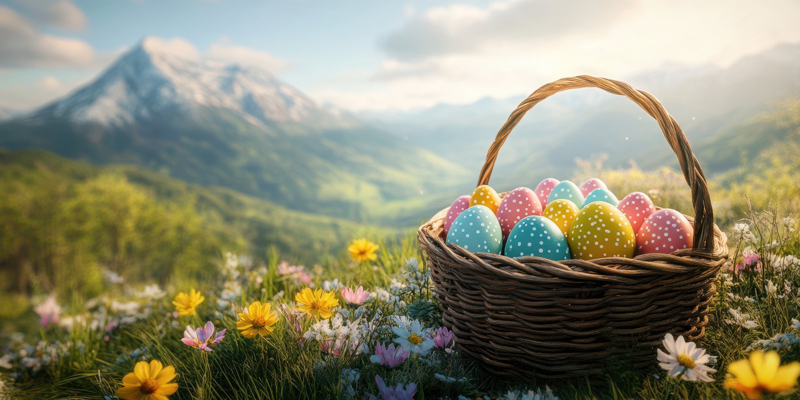 Colorful Easter eggs in a basket surrounded by blooming flowers in a scenic mountain landscape at sunrise